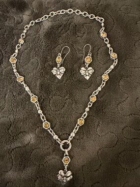 Silver-tone Heart and Bee Pendant Necklace and Earrings with Amber Stones
